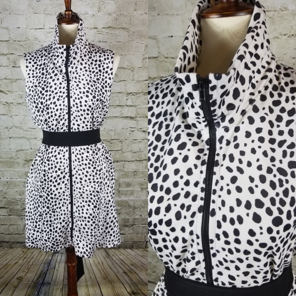 Vintage Dalmatian Print Mock Neck Zip Up Dress